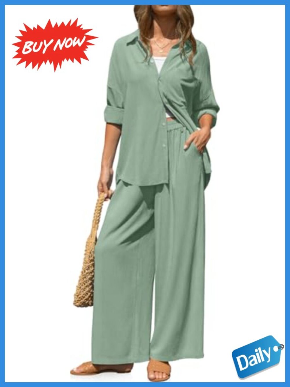 Linen Blend 2 Piece Lounge Set Button Down Shirt Wide Leg Pants